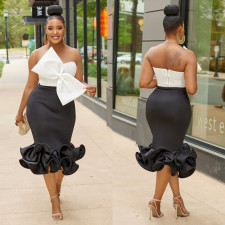 Sexy Bow Tie Tube Tops Two Piece Skirts Set BY-6397