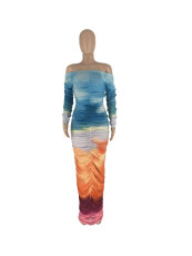 Long Sleeve Print Off Shoulder Mesh Pleated Maxi Dress ZDF-31283