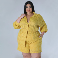 Plus Size Solid 3/4 Sleeve Chiffon Top Two Piece Shorts Set NNWF-7883