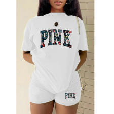 Plus Size PINK Letter Print T-shirt And Shorts Two Piece Set GMZD-M3111P41