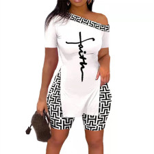 Print Slash Shoulder Slit Tops Two Piece Set LSD-1026