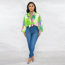 Bat Sleeve Lapel Neck Print Shirt YF-10543
