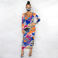 Fashion Print Long Sleeve Maxi Dress(Without Mask) LUO-6608