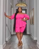 Plus Size Solid Color One Shoulder Two Piece Shorts Set NK-8627