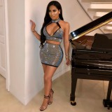 Sexy Hot Drill Deep V Neck Halter Two Piece Skirt Set FSXF-70