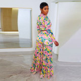 Plus Size Print Long Sleeve Tie Up Two Piece Pants Set NY-2749