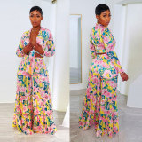 Plus Size Print Long Sleeve Tie Up Two Piece Pants Set NY-2749
