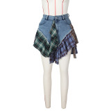 Sexy Irregular Plaid Patchwork Denim Skirt ZSD-0601