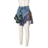 Sexy Irregular Plaid Patchwork Denim Skirt ZSD-0601