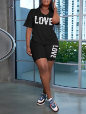 Plus Size Letter Print Short Sleeve Shorts Two Piece Set LSD-8319777
