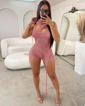 Sexy Hollow Out Sequin Backless Two Piece Shorts Set QXTF-8187