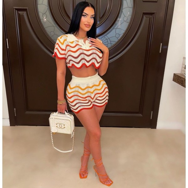 Casual Color Block Knits Two Piece Shorts Set TR-1268