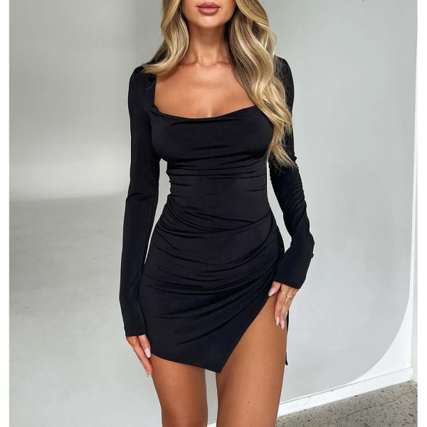 Sexy Solid Color Backless Slit Mini Dress ASL-6682
