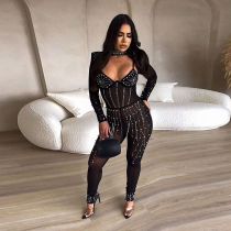 Hot Drill Peal Inlay Hollow Out Jumpsuit NY-2751