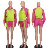 Casual Color Blocking Zipper Two Piece Shorts Set YD-8759