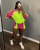 Casual Color Blocking Zipper Two Piece Shorts Set YD-8759