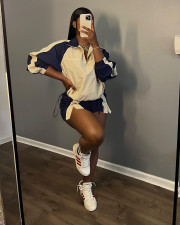 Casual Color Blocking Zipper Two Piece Shorts Set YD-8759