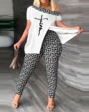 Plus Size Fashion Print Slit Tops And Pants Two Piece Set SHD-9619