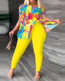 Plus Size Fashion Print Slit Tops And Pants Two Piece Set SHD-9619