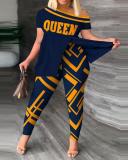 Plus Size Fashion Print Slit Tops And Pants Two Piece Set SHD-9619