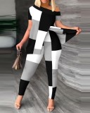 Plus Size Fashion Print Slit Tops And Pants Two Piece Set SHD-9619