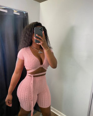 Solid Color Bandage Tight Two Piece Shorts Set QXTF-8203