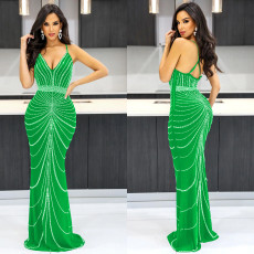 Sexy Hot Drilling Backless Sling Maxi Dress BY-6388