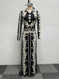 Print Lapel Neck Long Sleeve Slit Maxi Dress NY-2788