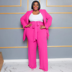 Plus Size Casual Solid Long Sleeve Tie Up Two Piece Pants Set NNWF-7904
