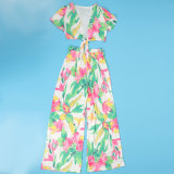 Plus Size Short Sleeve Print Tie Up Loose Two Piece Pants Set NY-2761