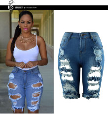 Plus Size Fashion Denim Holes Five Point Pant XCFF-8851