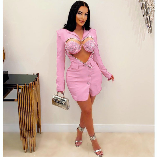 Sexy Hot Drill Bra And Heart Hollow Out Blazer 2 Piece Set NY-2760