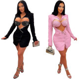 Sexy Hot Drill Bra And Heart Hollow Out Blazer 2 Piece Set NY-2760