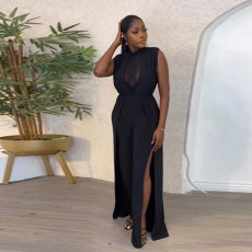 Plus Size Mesh Patchwork Backless Slit Jumpsuit NY-2777