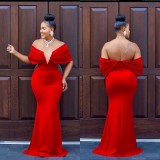 Off Shoulder Deep V Backless Fishtail Dress BY-6587
