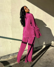 Solid Long Sleeve Pleated Two Piece Pants Set ANDF-1555