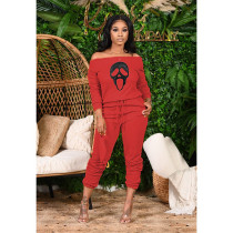 Skull Print One Shoulder Two Piece Pants Set QXTF-8125