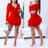 Solid Deep V Neck Feather Patchwork Romper BY-6592