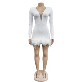 Solid Deep V Neck Feather Patchwork Romper BY-6592