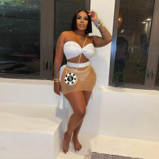 Mesh Splicing See Through Solid Wrap Chest Swimsuit 3-Piece Set NY-K2803