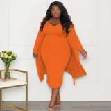 Plus Silze Long Sleeve Cardigan And Midi Dress 2 Piece Set NNWF-N7924