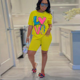 Plus Size Colorful Print Short Sleeve Shorts 2 Piece Set NY-10570