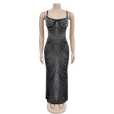Sexy Mesh Hot Drill Sling Maxi Dress BY-C6613