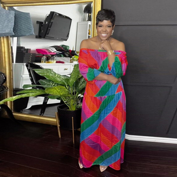Plus Size One Shoulder Long Sleeve Print Maxi Dress NY-10575