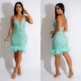 Solid Hot Diamond Feather Splicing Mini Dress BY-6609