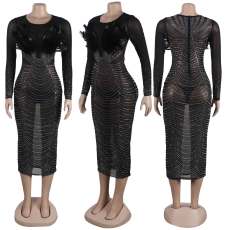 Plus Size Feather Mesh Splicing Hot Drill Midi Dress NY-K2798