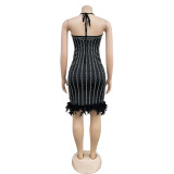 Solid Hot Diamond Feather Splicing Mini Dress BY-6609