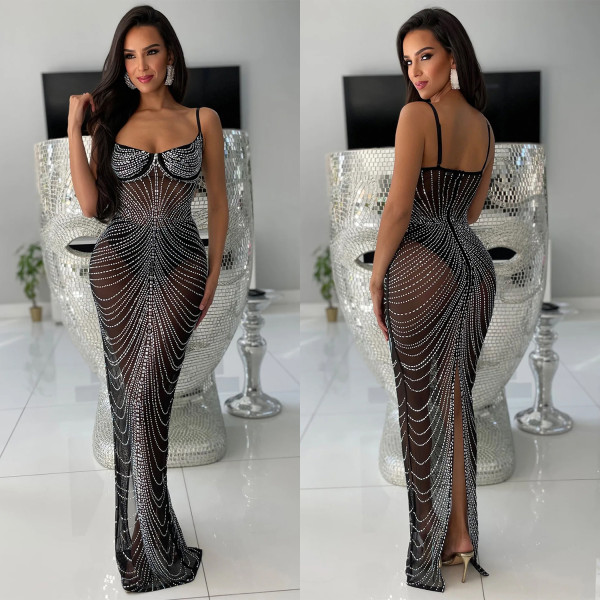 Sexy Mesh Hot Drill Sling Maxi Dress BY-C6613