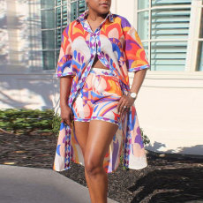 Plus Size Print Short Sleeve Long Shirt Shorts Two Piece Set NY-10569