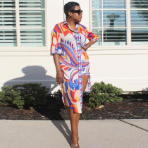 Plus Size Print Short Sleeve Long Shirt Shorts Two Piece Set NY-10569